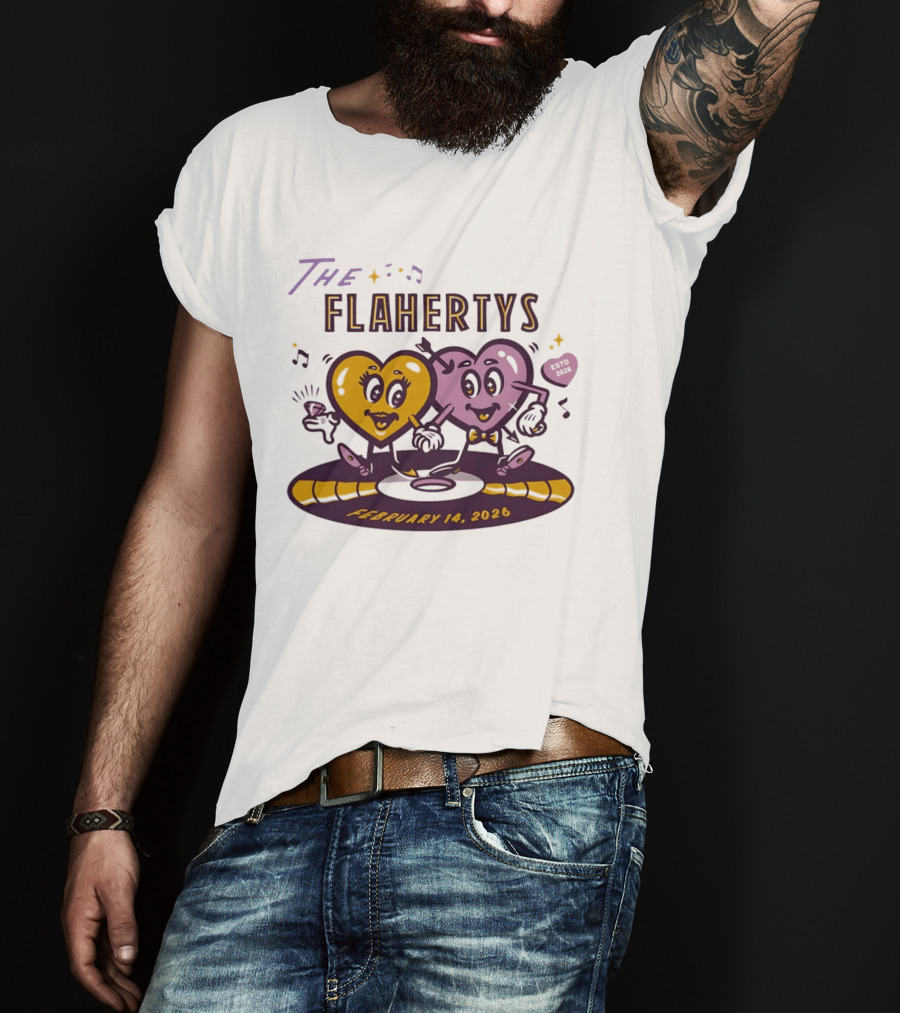 The Flahertys February 14 2026 Dancing Wedding Hearts With Music Notes T-Shirt