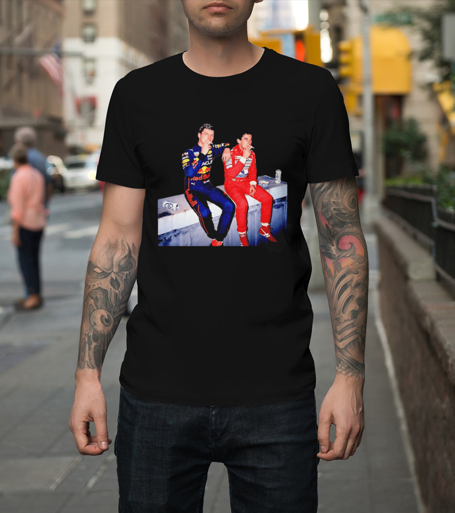Max Verstappen Red Bull Racing And Ayrton Senna Honda Marlboro F1 Legends Smoking Together T-Shirt