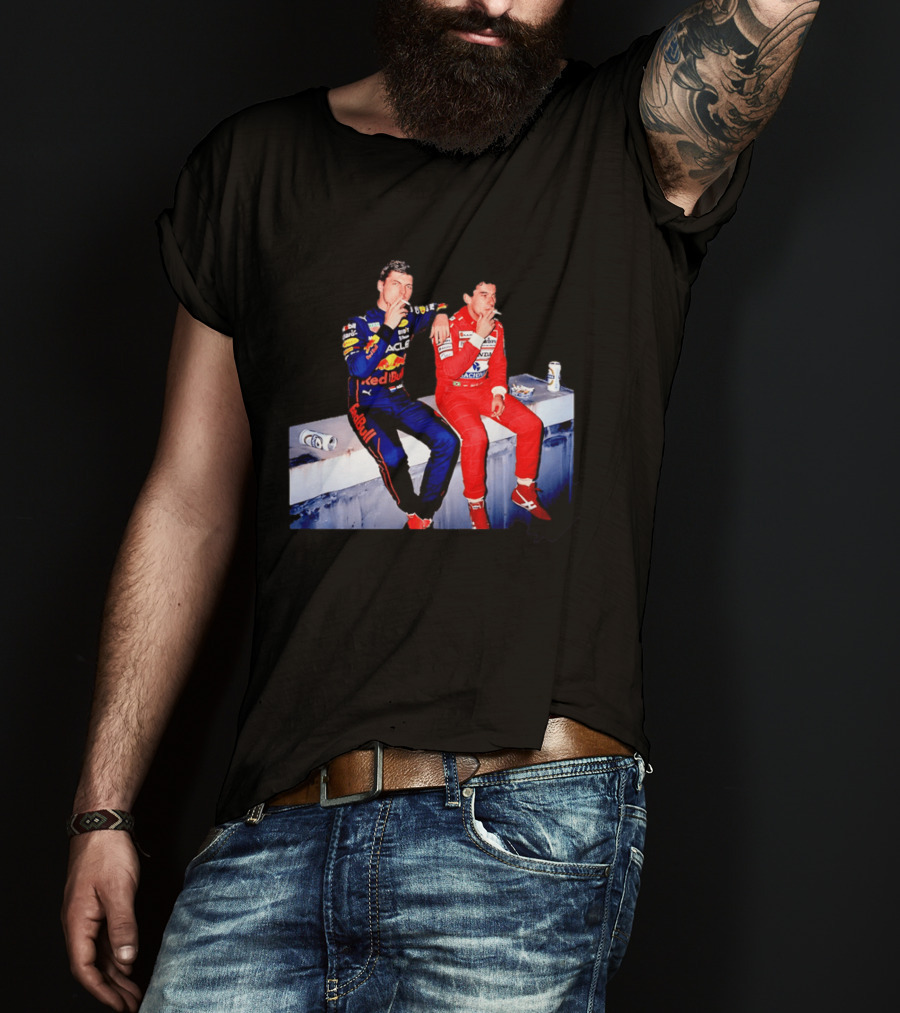 Max Verstappen Red Bull Racing And Ayrton Senna Honda Marlboro F1 Legends Smoking Together T-Shirt