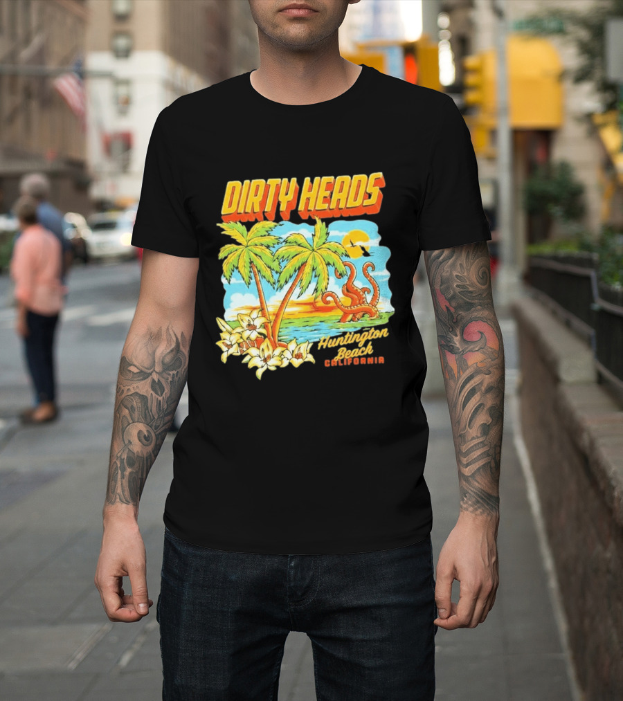 Dirty Heads Tropical Beach Palm Trees Ocean Sunset Octopus Huntington Beach California T-Shirt