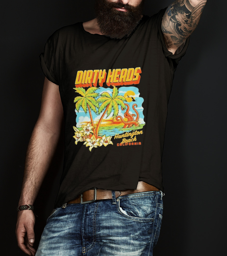 Dirty Heads Tropical Beach Palm Trees Ocean Sunset Octopus Huntington Beach California T-Shirt