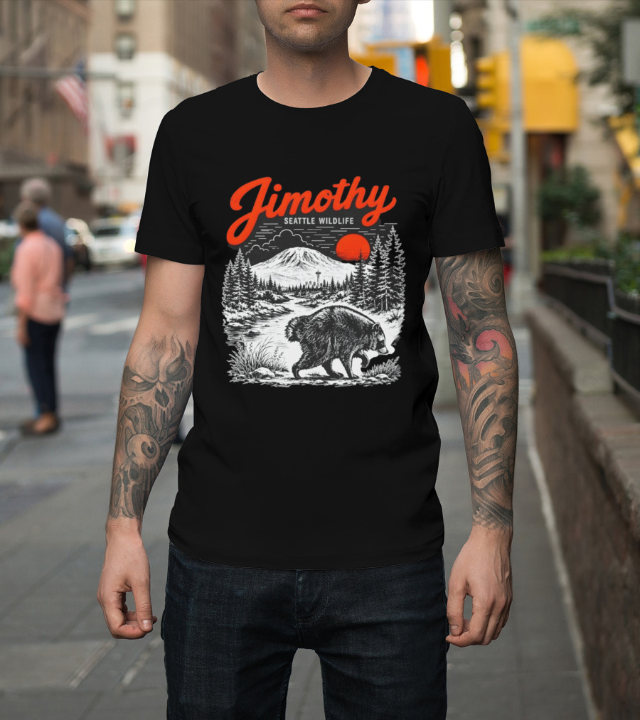 Jimothy Seattle Wildlife Raccoon With Mountain And Space Needle T-Shirt