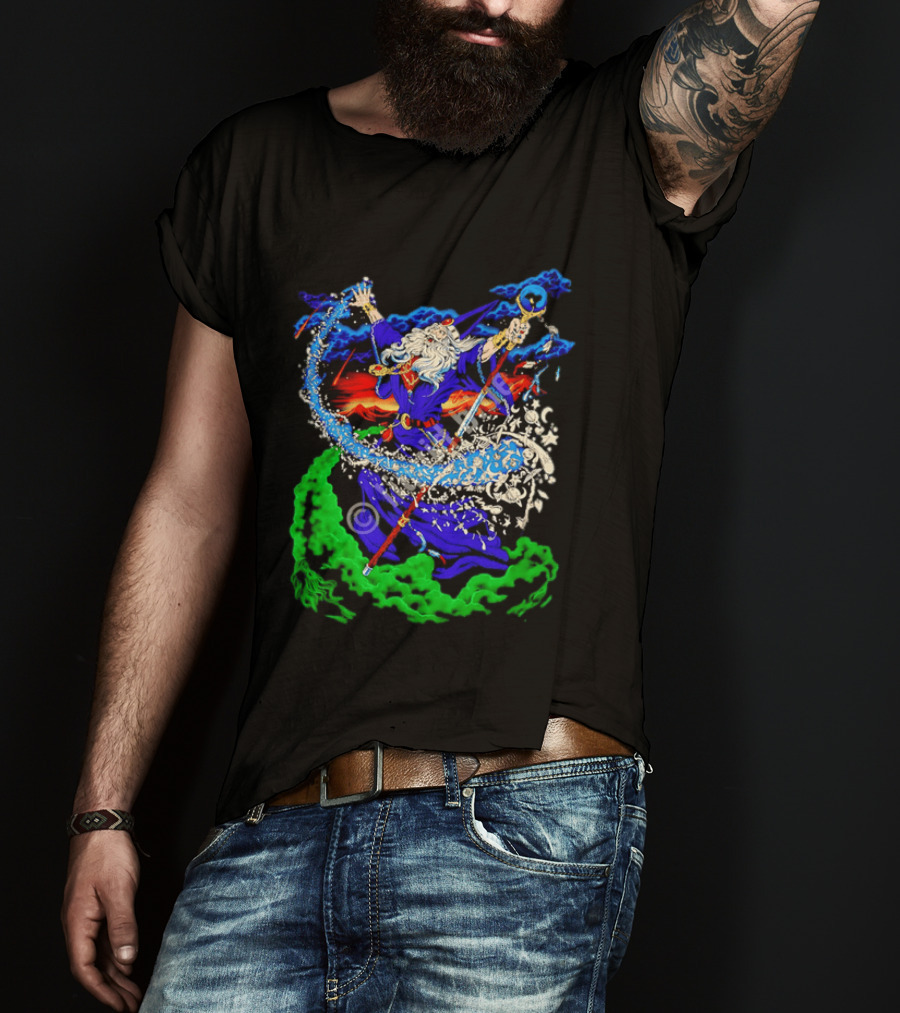 Wizard Casting Magic Conjuring Galaxies Fantasy Aurora Sky T-Shirt