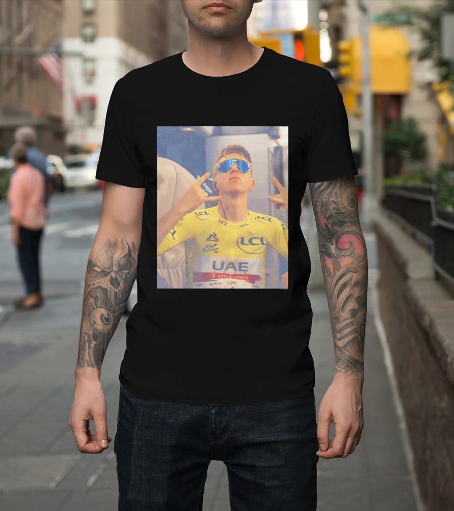 Tadej Pogačar In UAE Emirates Tour De France LCL Yellow Jersey With Sunglasses T-Shirt
