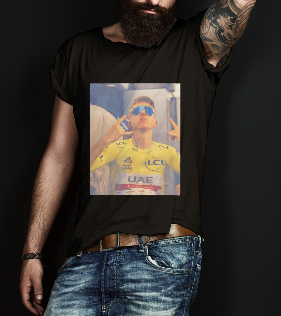 Tadej Pogačar In UAE Emirates Tour De France LCL Yellow Jersey With Sunglasses T-Shirt