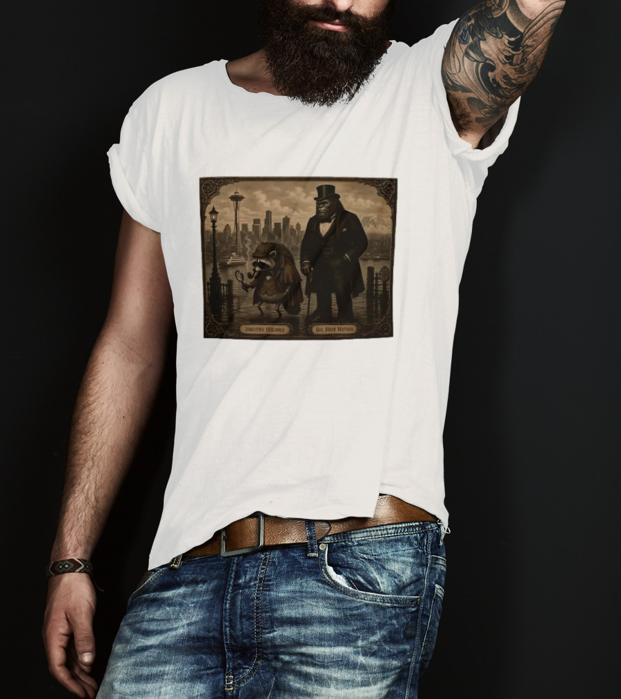 Jimothy Holmes Bigfoot Watson In Vintage Detective Scene Seattle Skyline T-Shirt