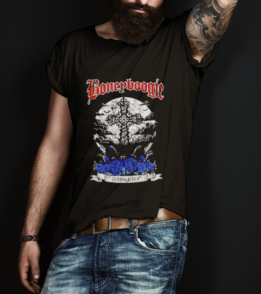 Boneyboogie Gothic Cross With Blue Roses And Full Moon T-Shirt