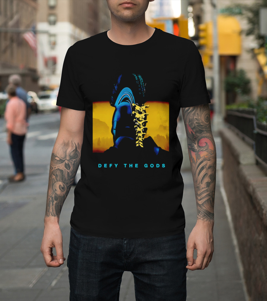 Defy The Gods Spartan Warrior Helmet Art Blue And Gold T-Shirt