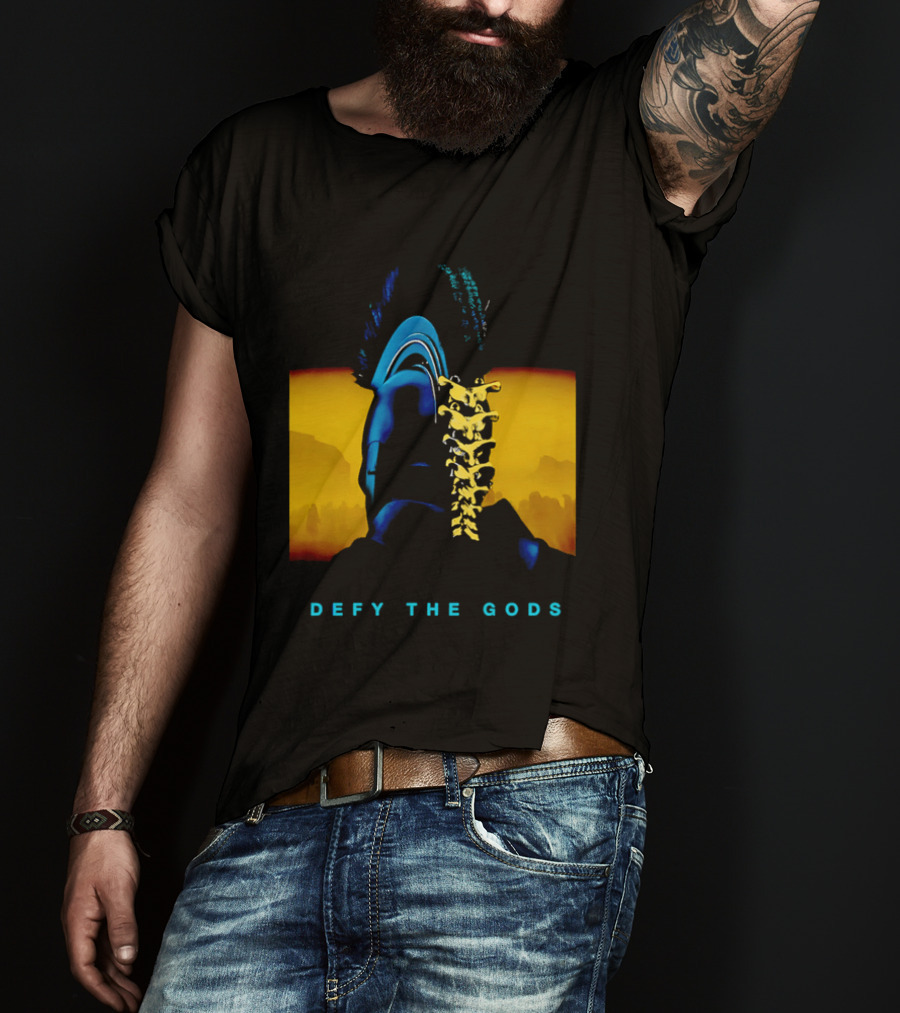 Defy The Gods Spartan Warrior Helmet Art Blue And Gold T-Shirt