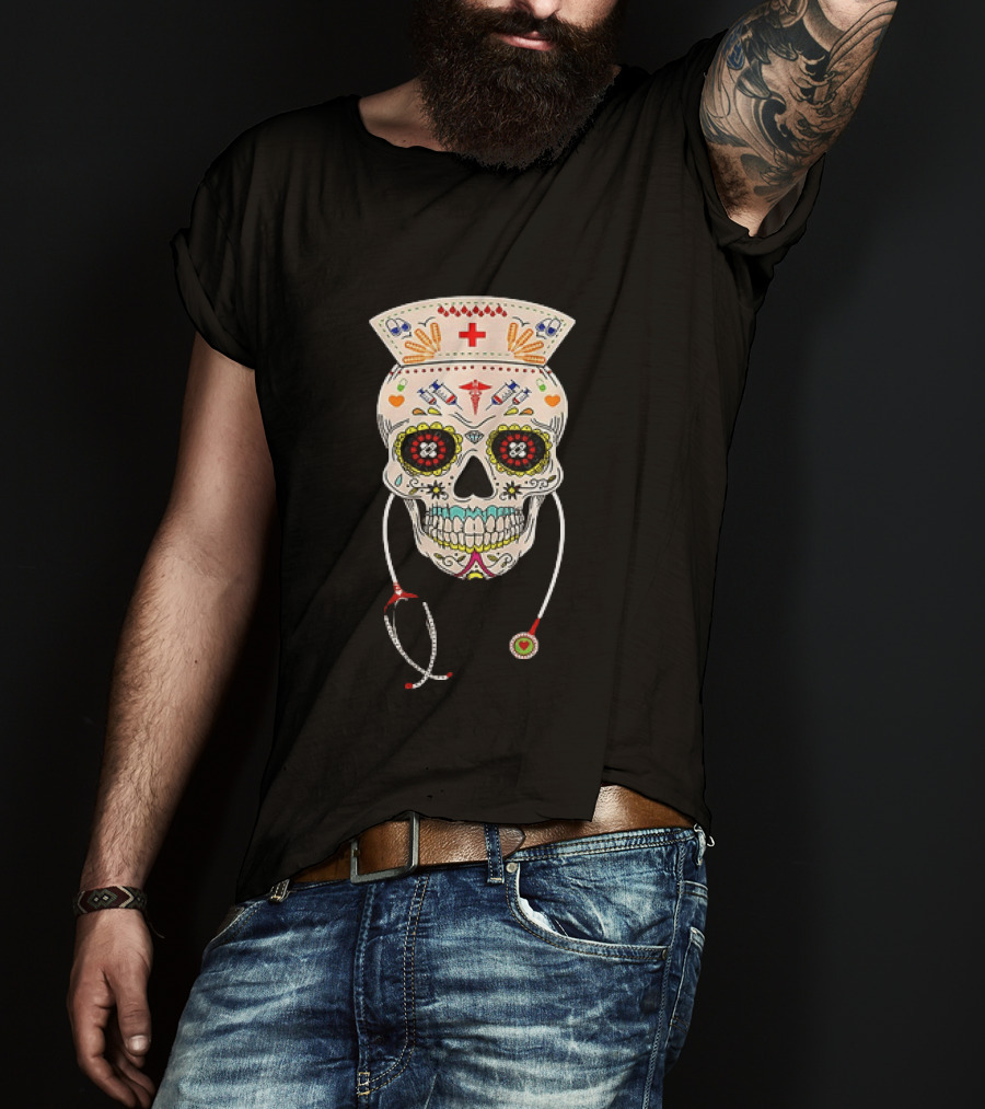 Nurse Sugar Skull Halloween Day Of The Dead Dia De Los Muertos T-Shirt