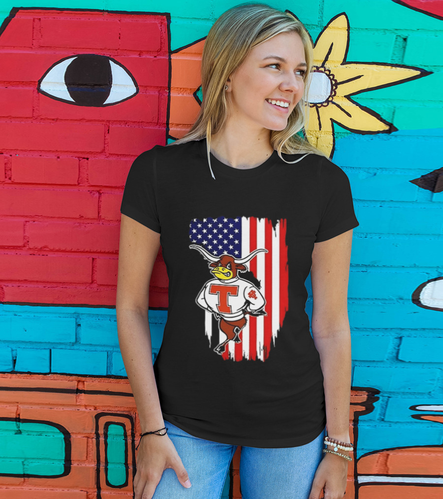 Texas Longhorns Mascot Over USA Flag T-Shirt
