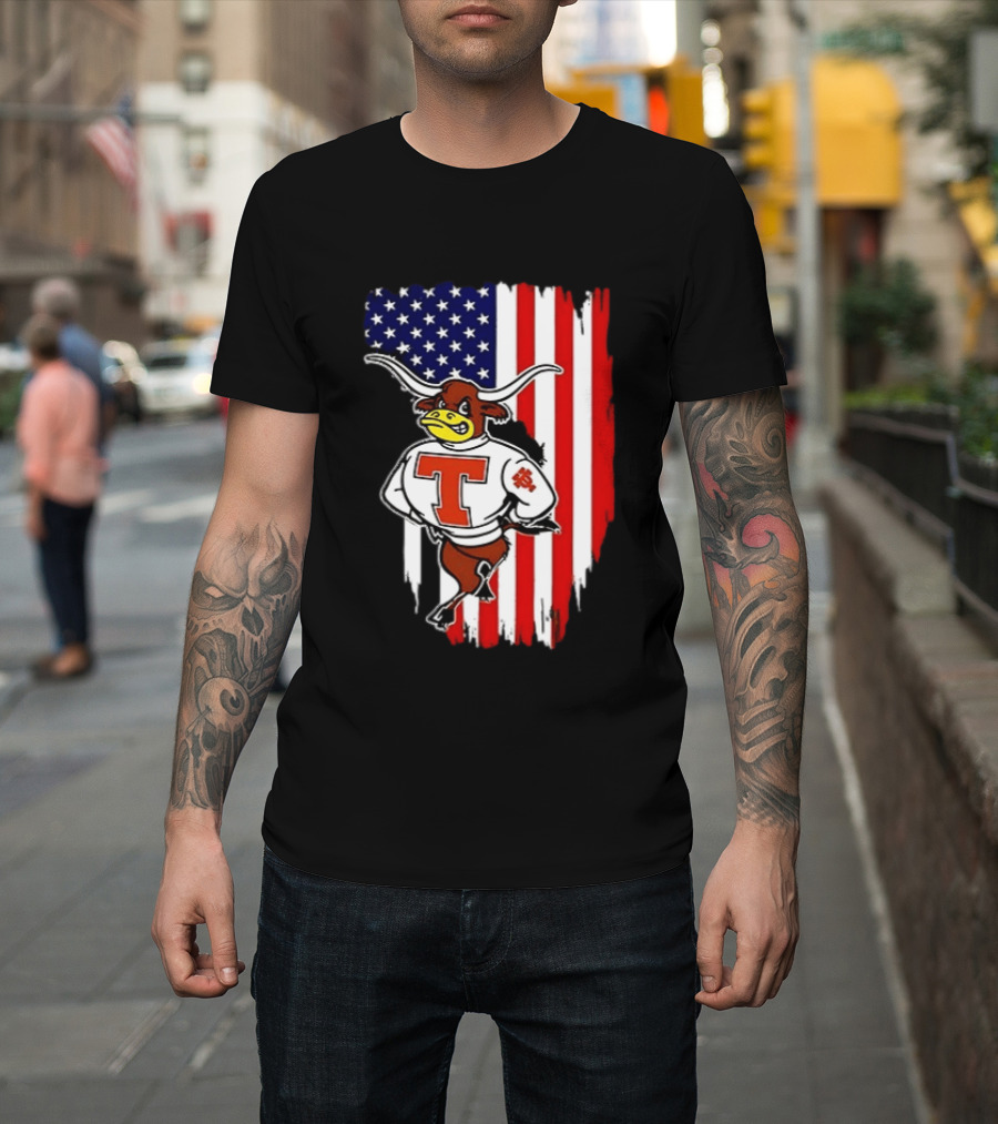 Texas Longhorns Mascot Over USA Flag T-Shirt