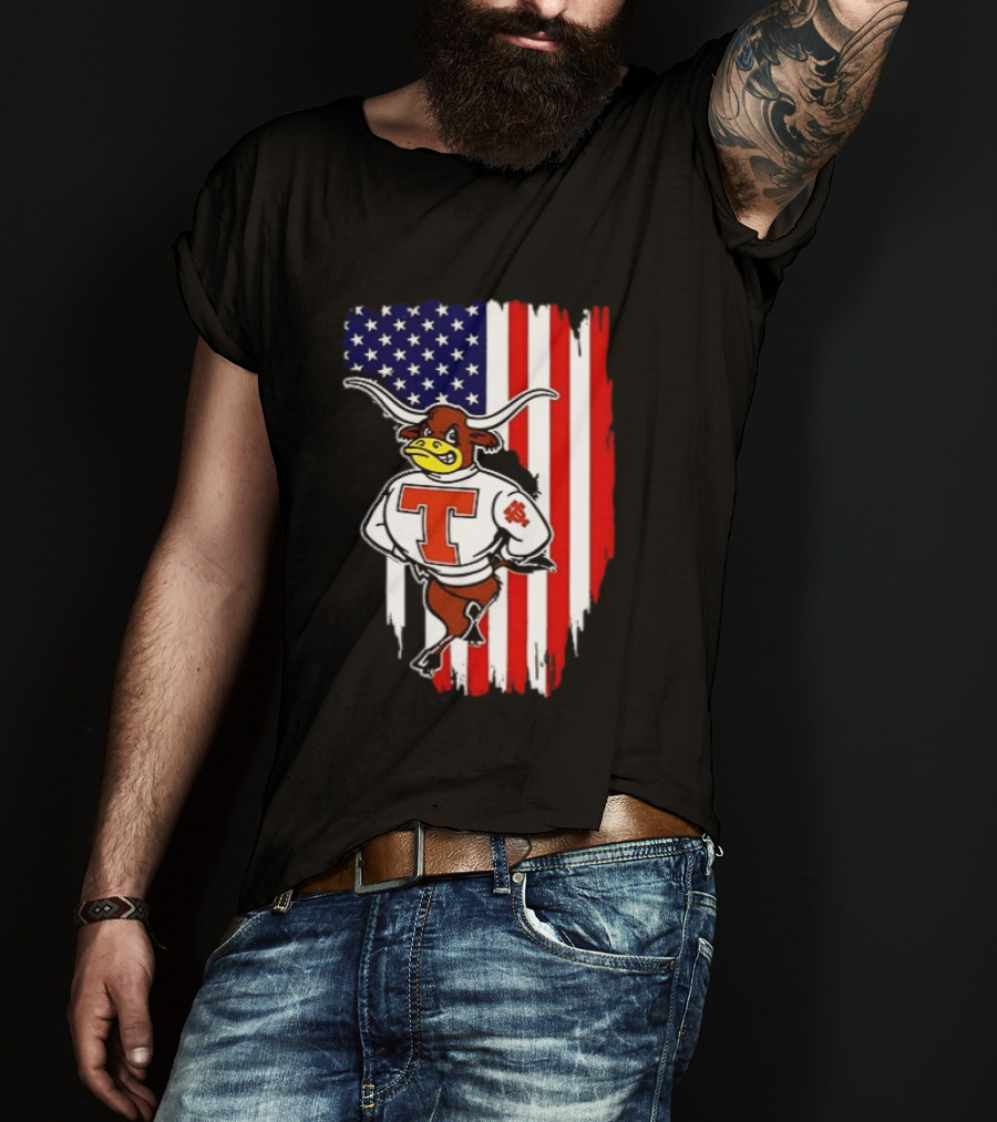 Texas Longhorns Mascot Over USA Flag T-Shirt