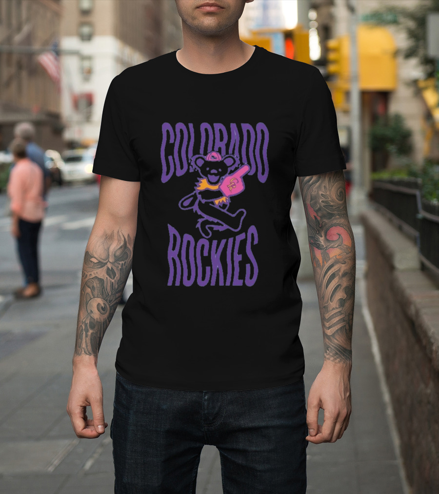 Colorado Rockies Grateful Dead Bear With Foam Finger Fan T-Shirt
