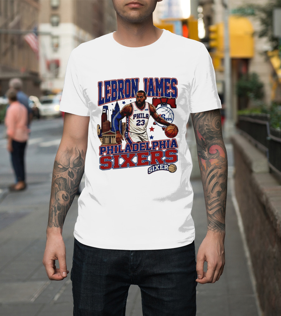 LeBron James Philadelphia Sixers No 23 Jersey Cityscape Basketball T-Shirt