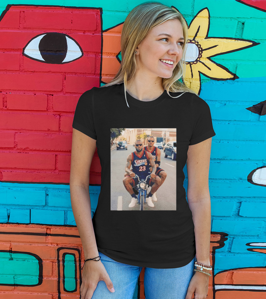 Philadelphia 76ers LeBron James Allen Iverson Duo On Bicycle T-Shirt