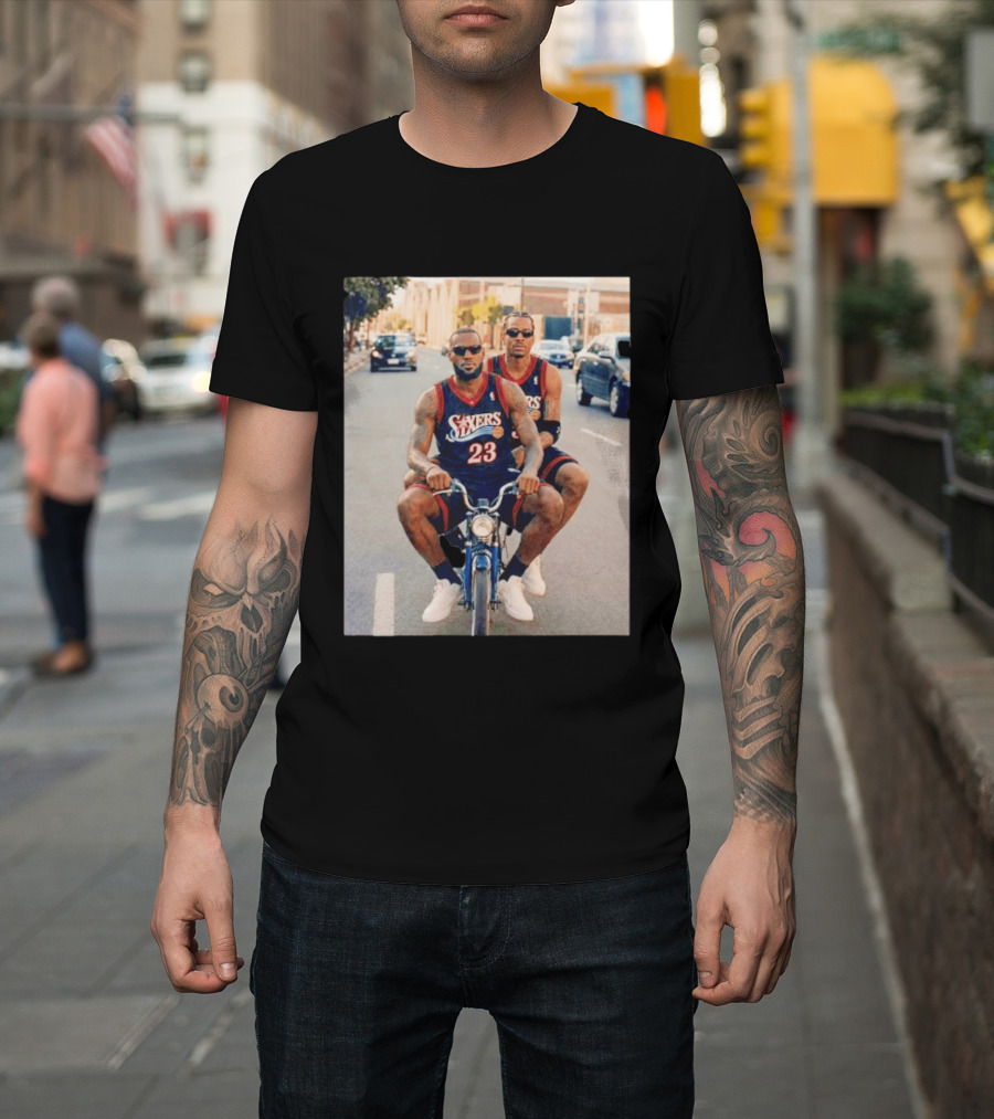 Philadelphia 76ers LeBron James Allen Iverson Duo On Bicycle T-Shirt
