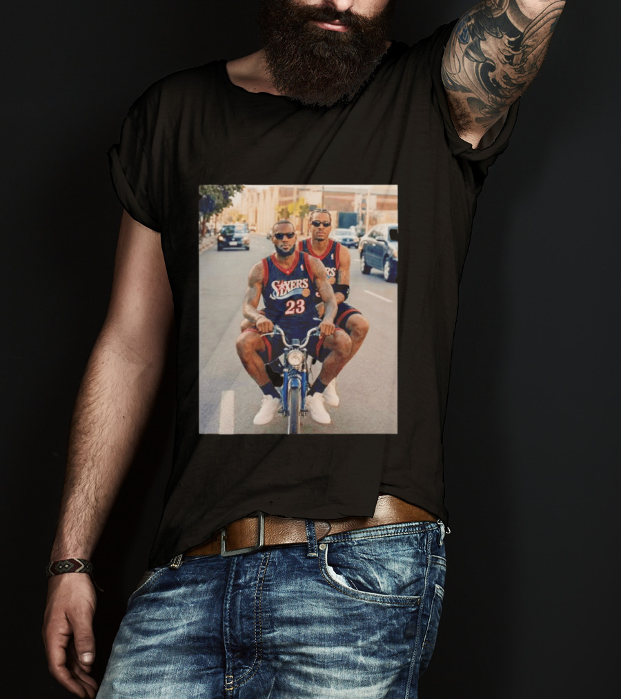 Philadelphia 76ers LeBron James Allen Iverson Duo On Bicycle T-Shirt