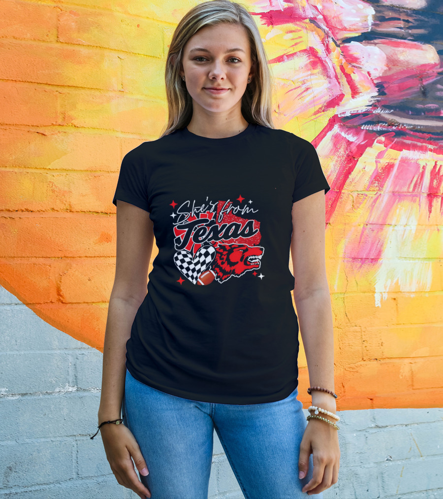 Cheerleading Texas Football Wolf She's From Texas Heart Checkered Ball Stars T-Shirt