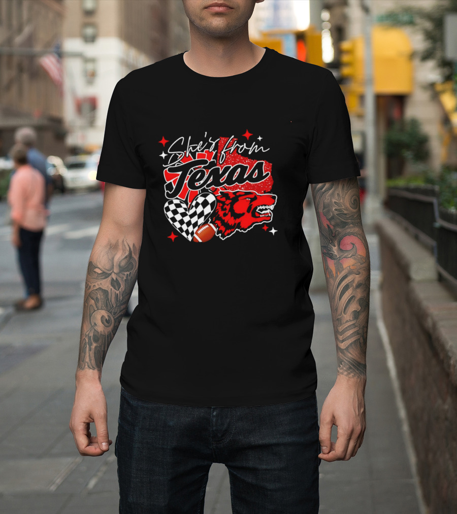 Cheerleading Texas Football Wolf She's From Texas Heart Checkered Ball Stars T-Shirt