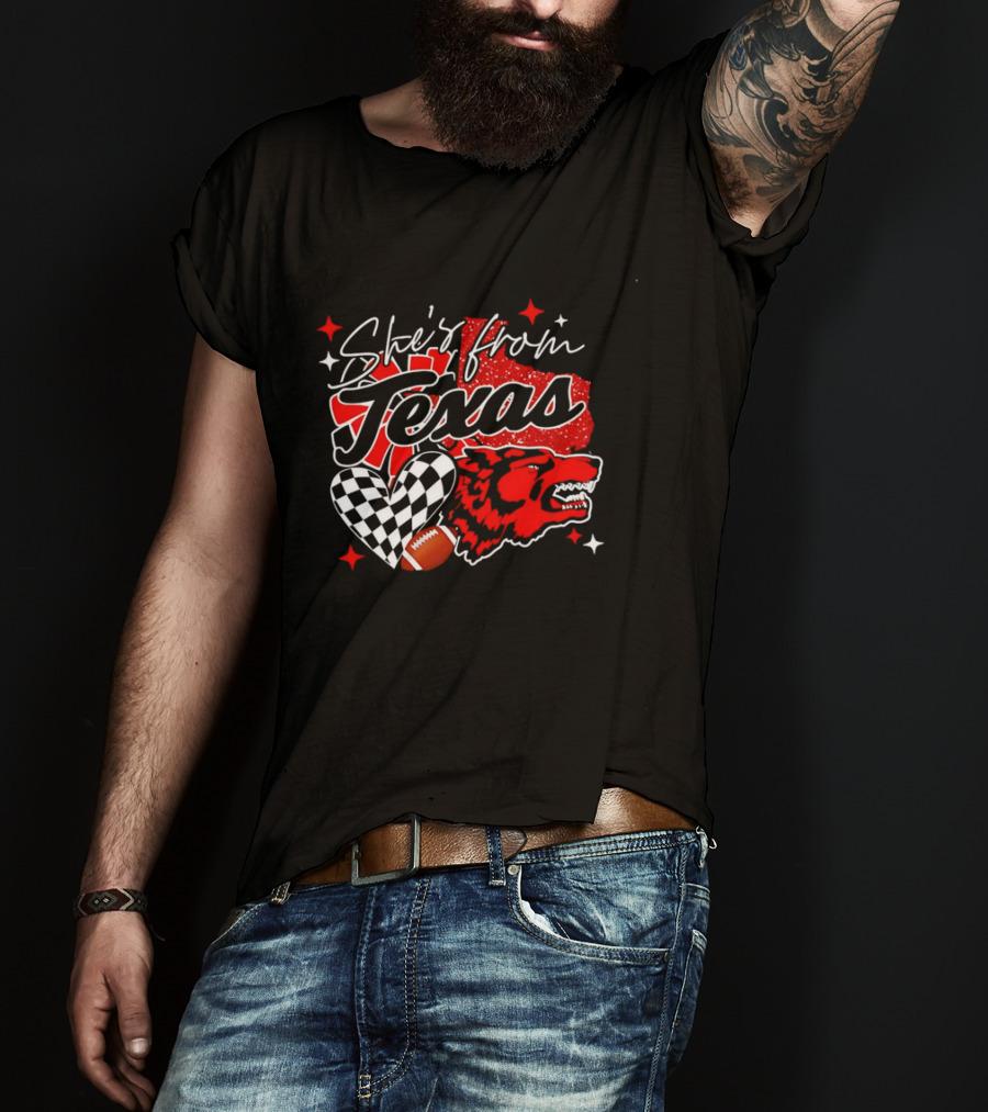 Cheerleading Texas Football Wolf She's From Texas Heart Checkered Ball Stars T-Shirt