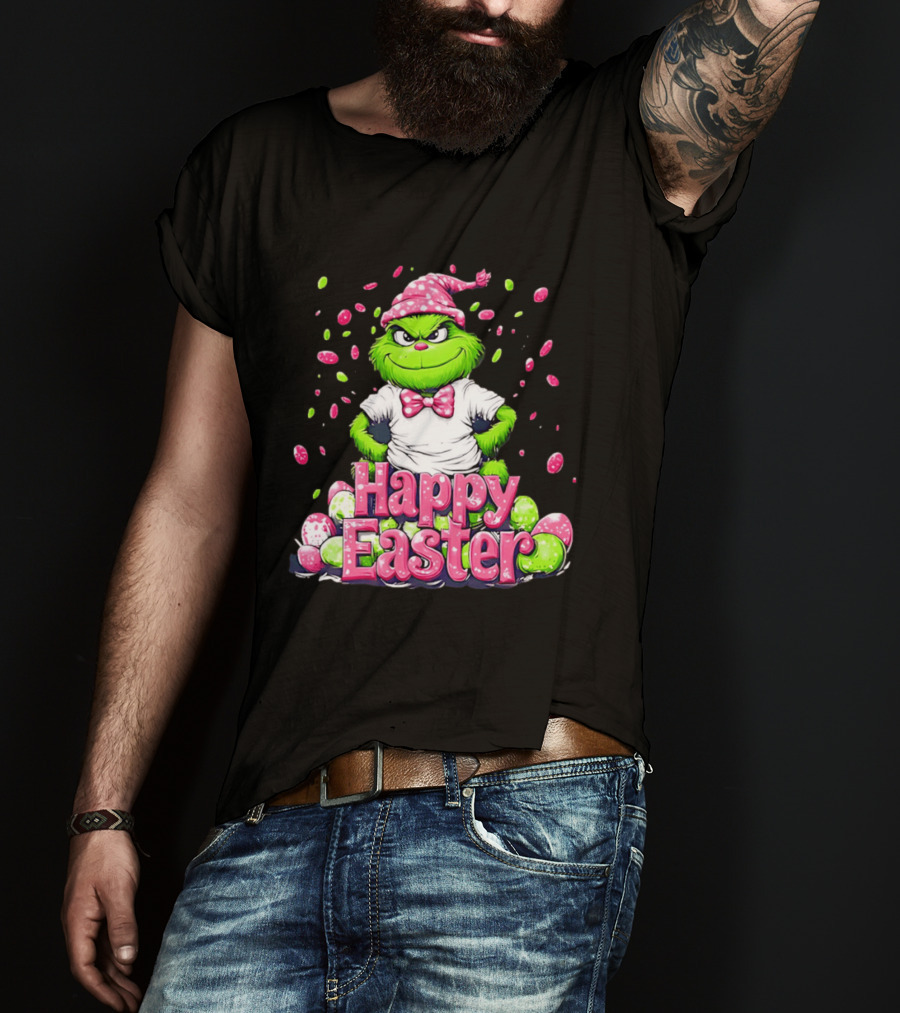 Happy Easter Grinch In Festive Hat With Colorful Eggs T-Shirt