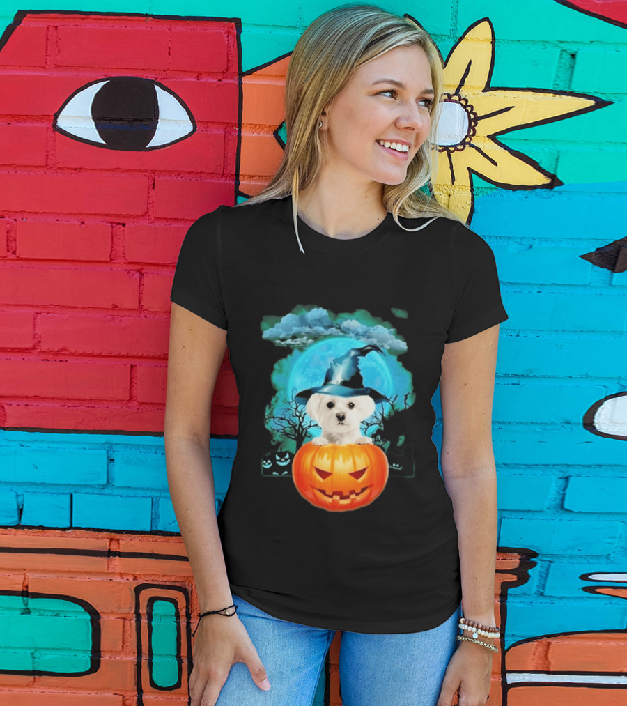 Happy Halloween White Maltese Witch Hat Pumpkin Blue Moon T-Shirt