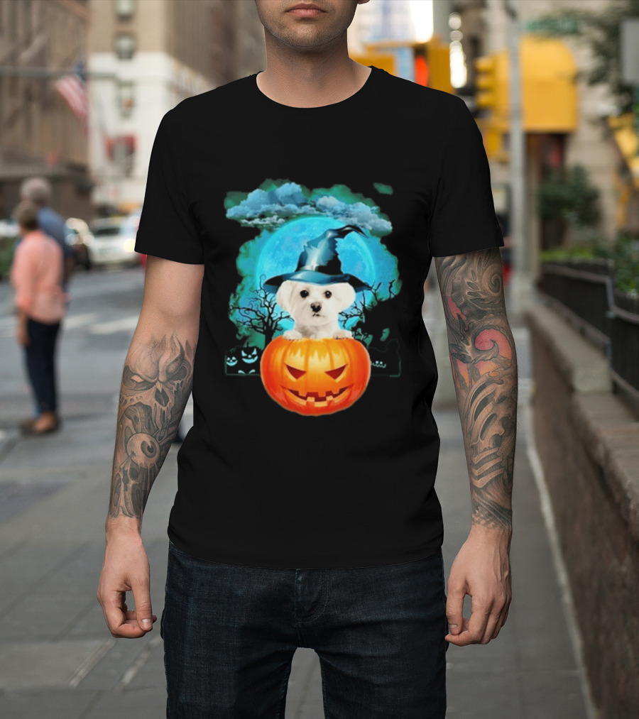 Happy Halloween White Maltese Witch Hat Pumpkin Blue Moon T-Shirt
