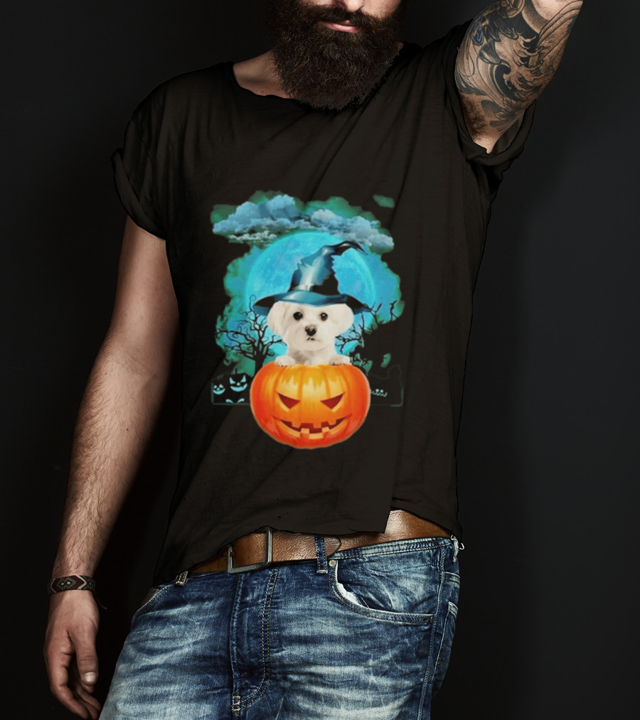 Happy Halloween White Maltese Witch Hat Pumpkin Blue Moon T-Shirt