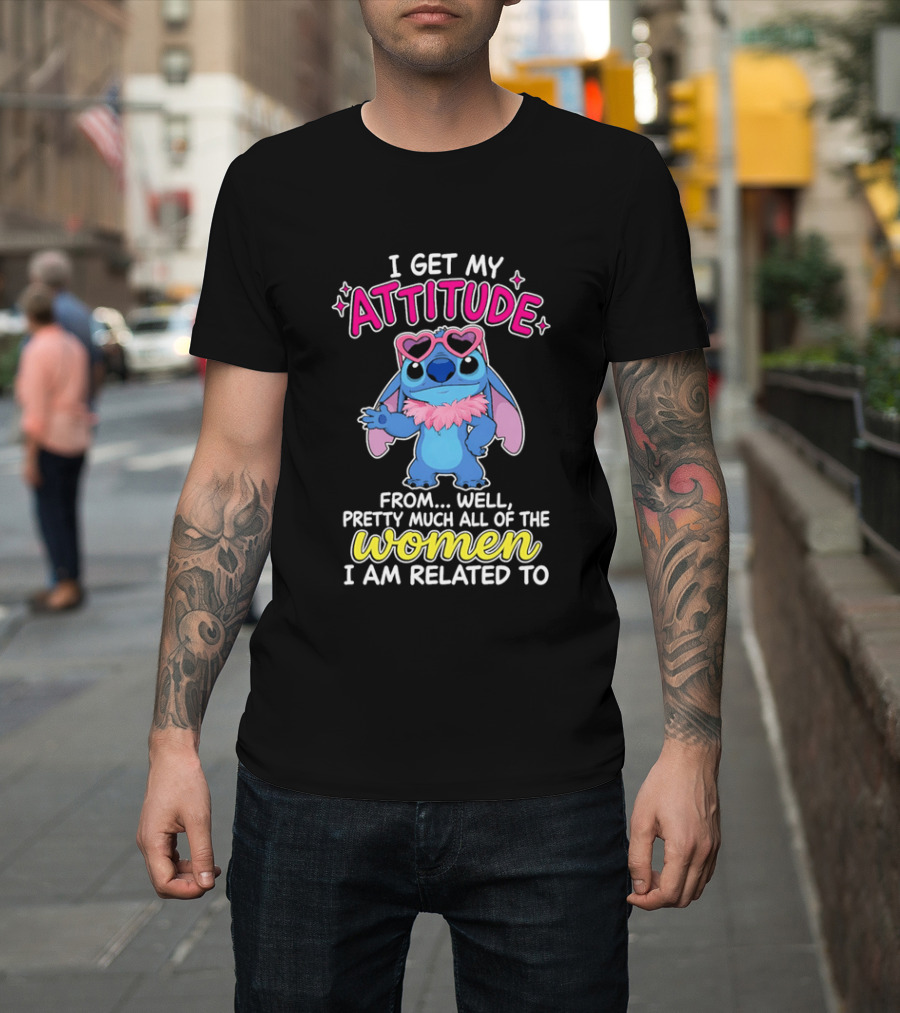 I Get My Attitude From Pretty Much All Of The Women I Am Related To Cute Blue Cartoon Character With Pink Accessories T-Shirt