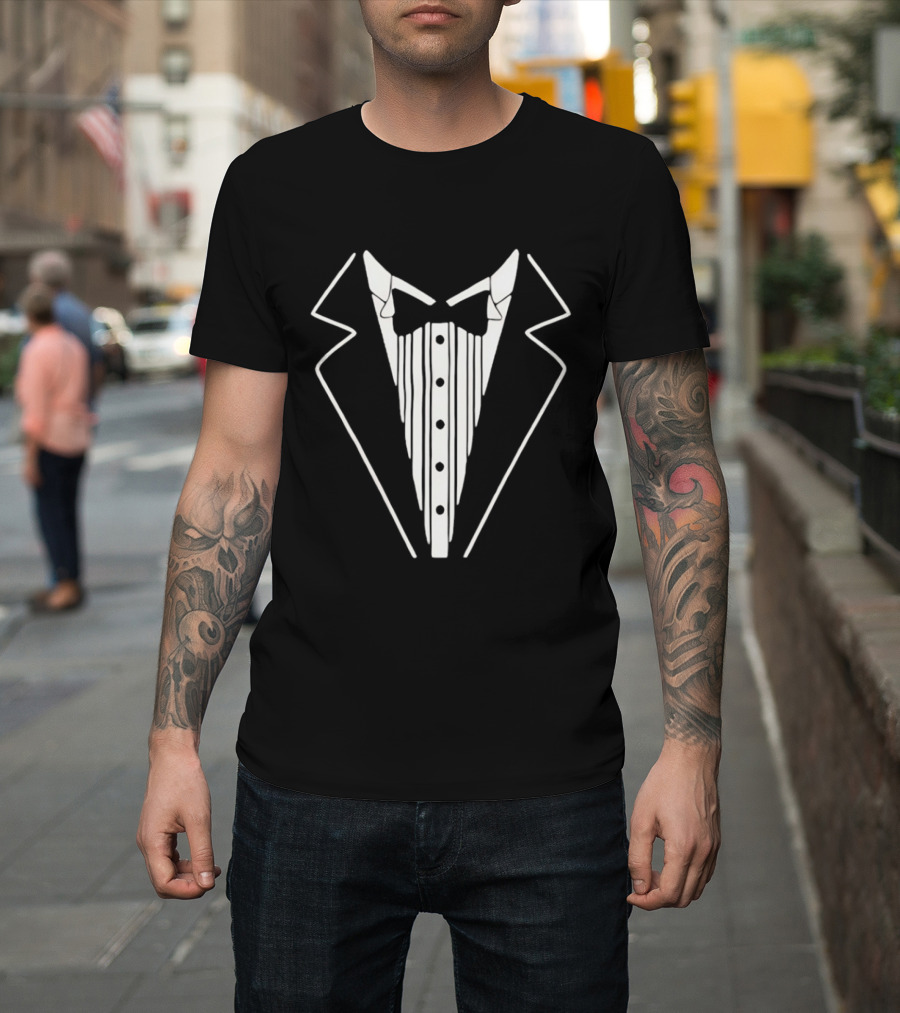 Tuxedo Suit Formal Wear Costume Tux Bow Tie Buttons T-Shirt