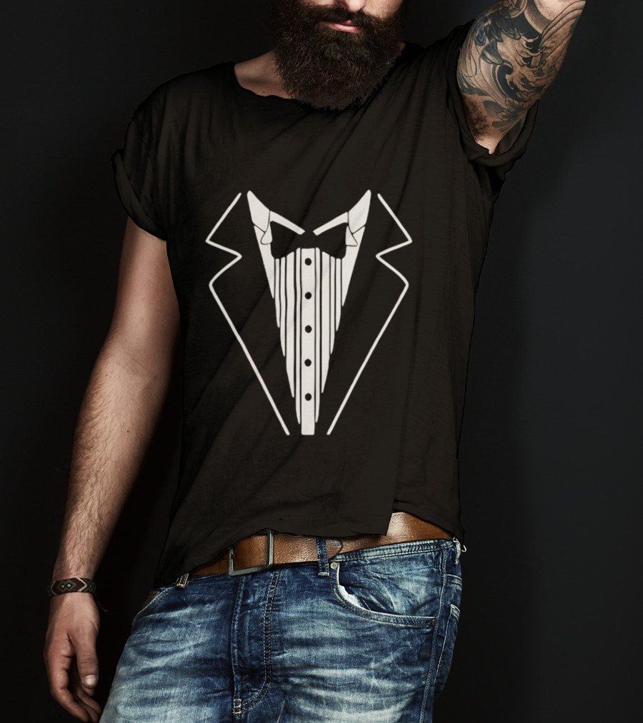 Tuxedo Suit Formal Wear Costume Tux Bow Tie Buttons T-Shirt