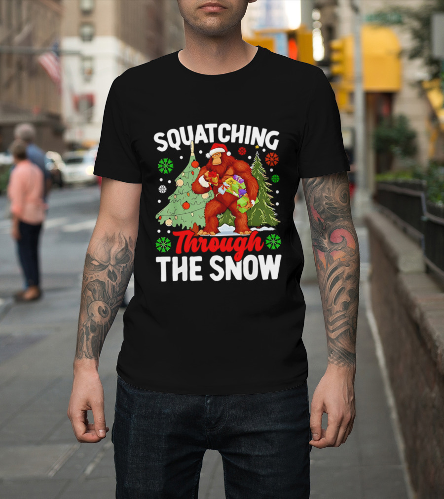 Squatching Through The Snow Bigfoot Christmas Tree Holiday Santa Big Foot T-Shirt