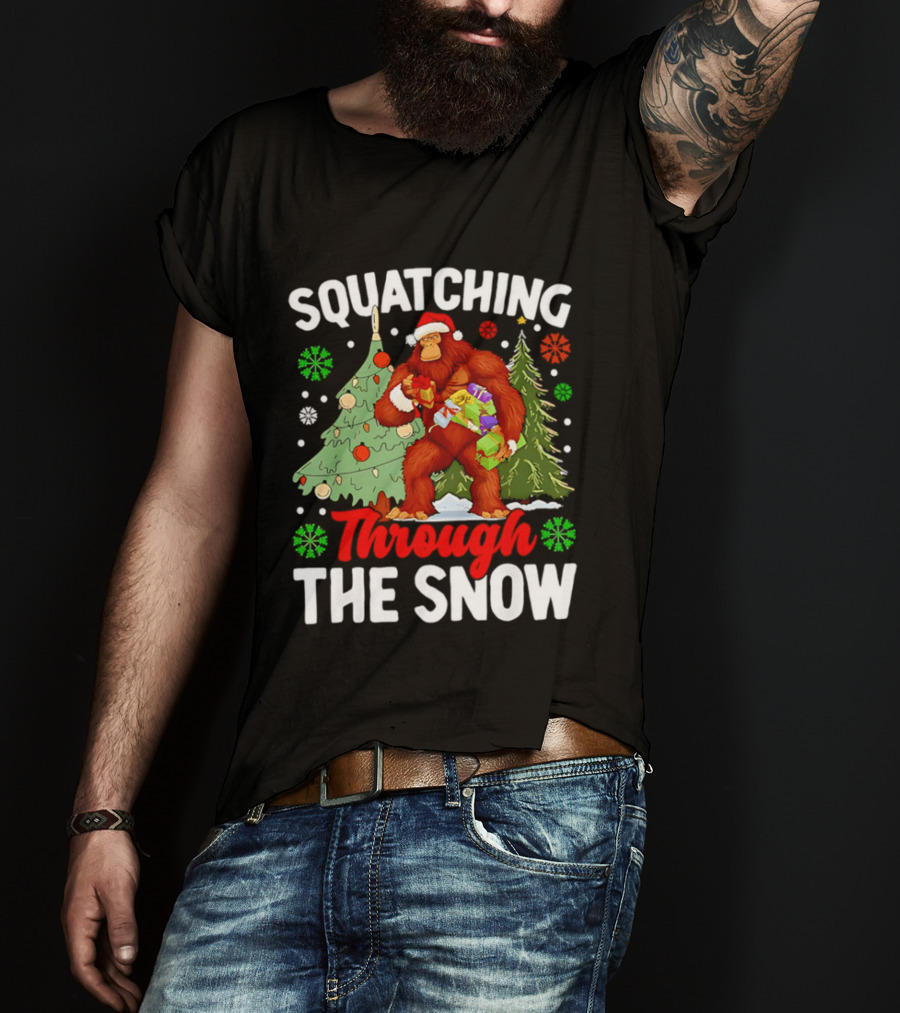 Squatching Through The Snow Bigfoot Christmas Tree Holiday Santa Big Foot T-Shirt