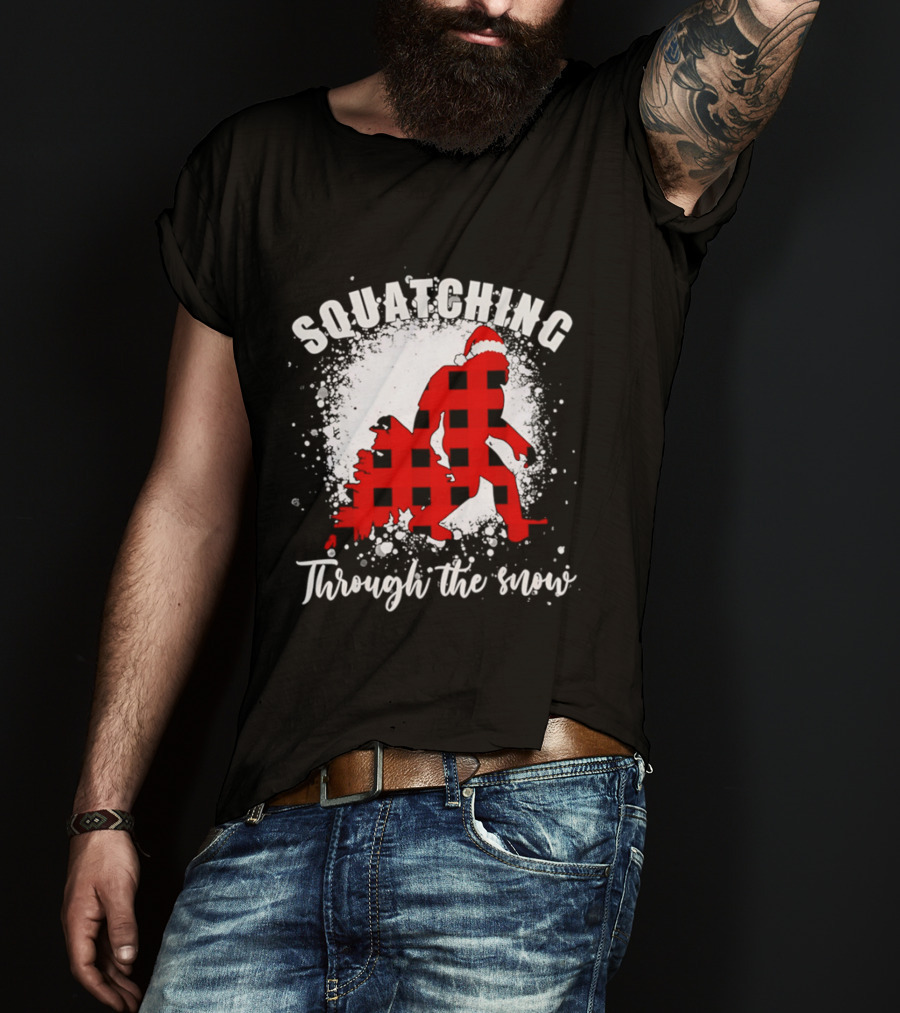 Squatching Through The Snow Bigfoot Santa Hat Christmas T-Shirt