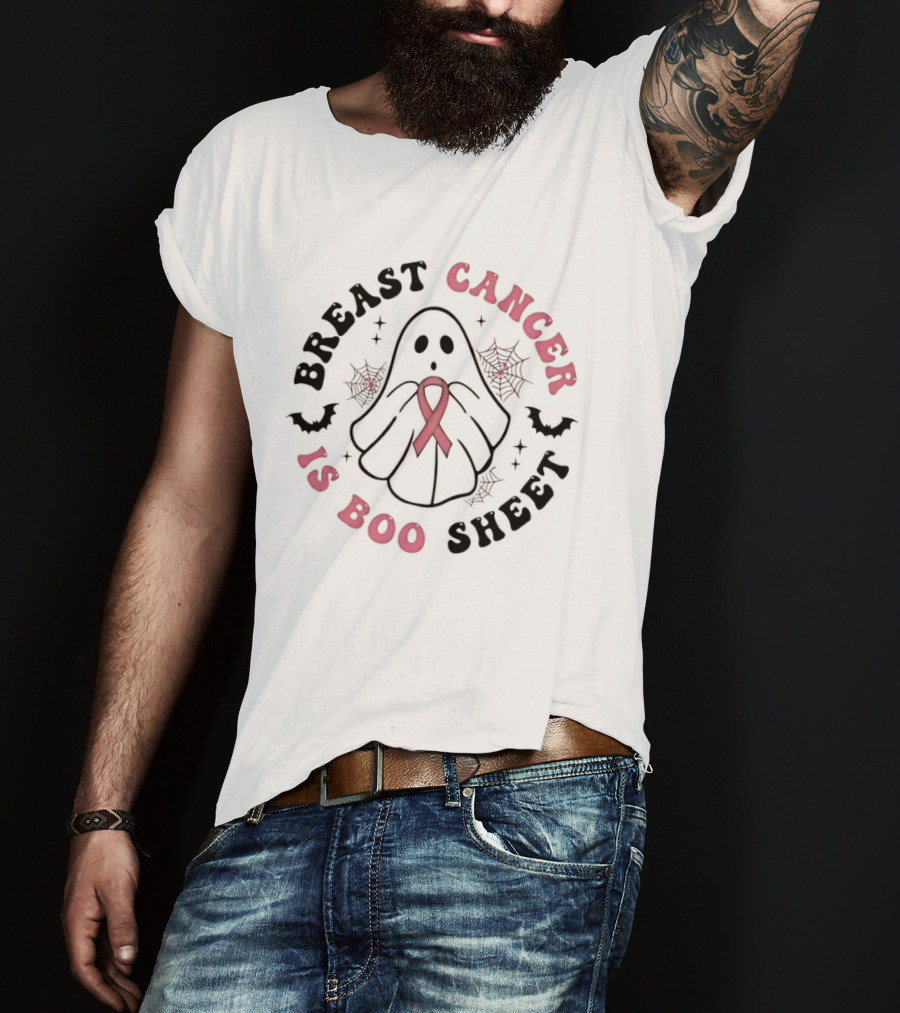 Breast Cancer Awareness Ghost Boo Sheet Ribbon Spooky Webs Bats T-Shirt