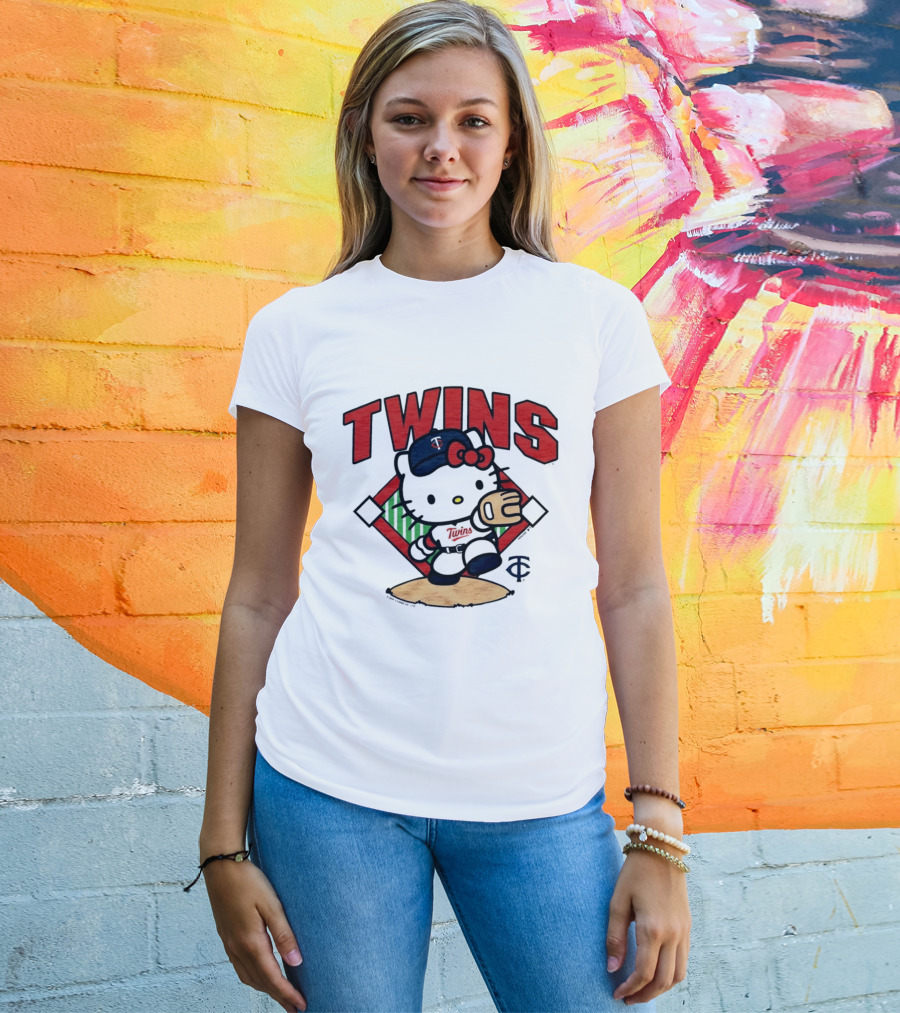 Hello Kitty Twins Baseball Distressed MLB Player Cartoon T-Shirt