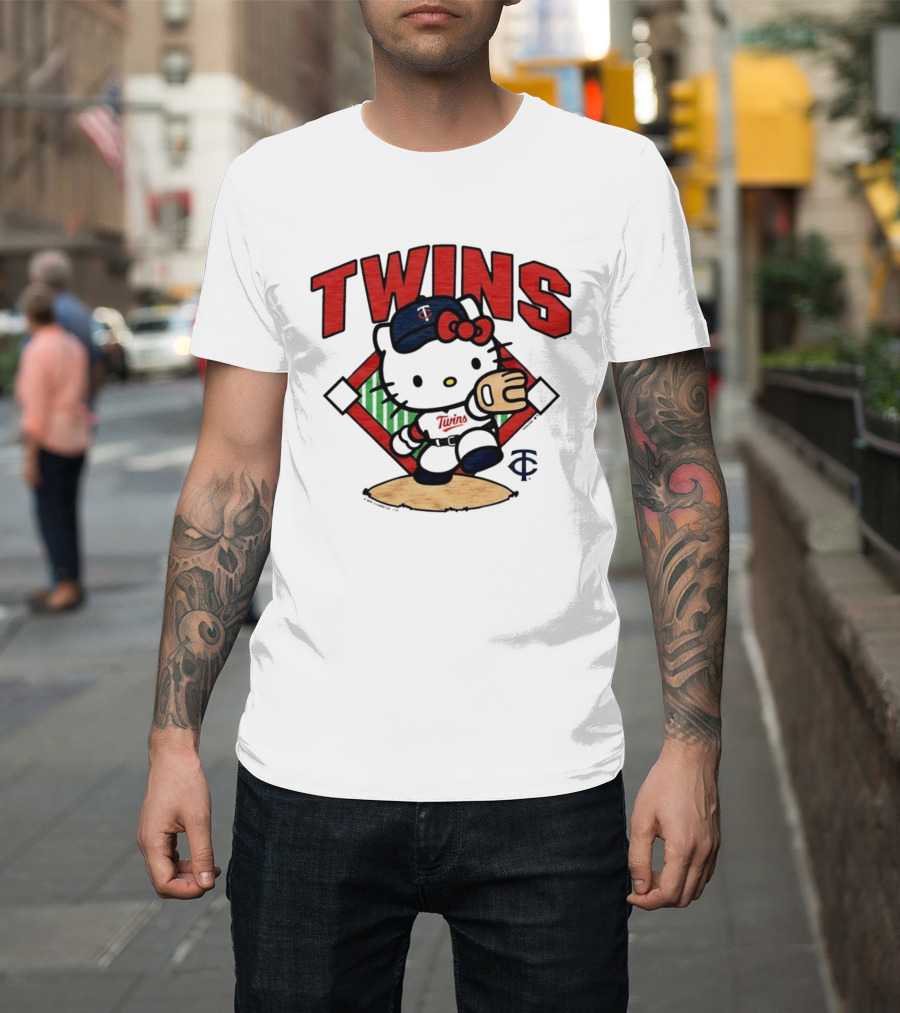 Hello Kitty Twins Baseball Distressed MLB Player Cartoon T-Shirt