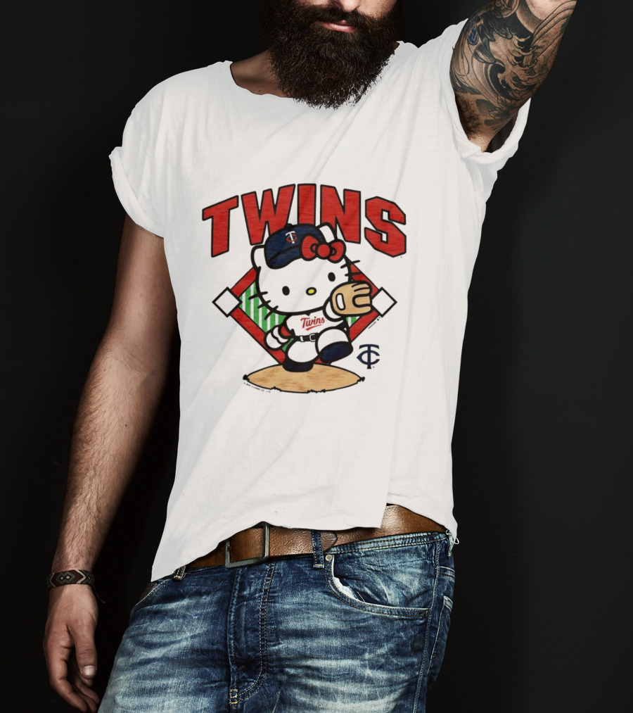Hello Kitty Twins Baseball Distressed MLB Player Cartoon T-Shirt