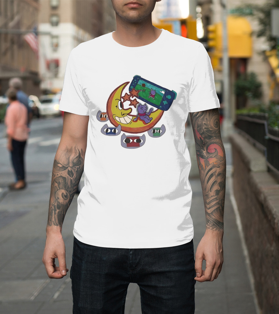 Cartoon Moon And Cat Playing Game With Stars And Colorful Masks T-Shirt