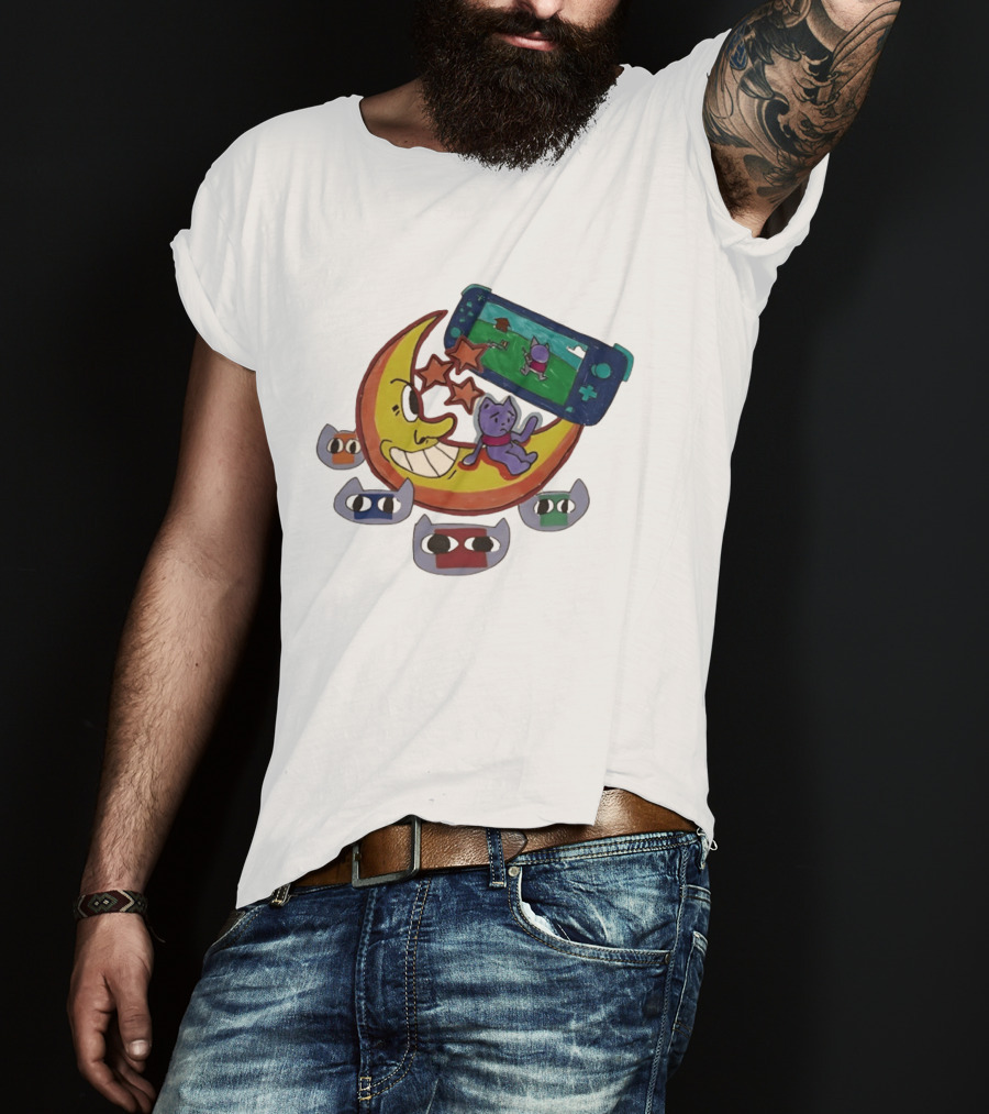 Cartoon Moon And Cat Playing Game With Stars And Colorful Masks T-Shirt