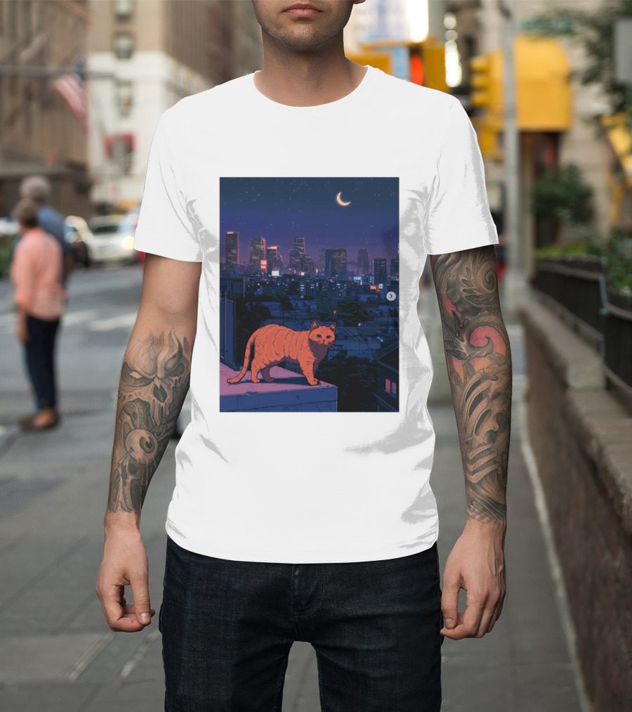 Orange Tabby Cat Under Night Sky Overlooking City Skyline With Crescent Moon T-Shirt