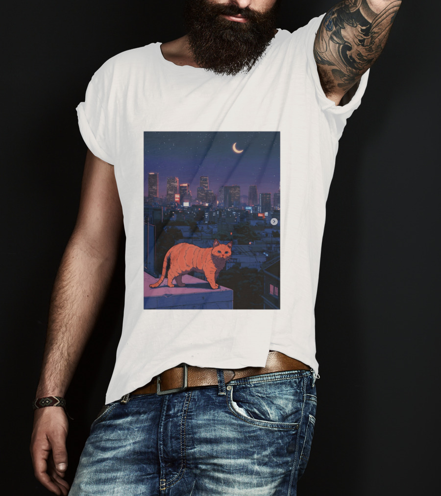 Orange Tabby Cat Under Night Sky Overlooking City Skyline With Crescent Moon T-Shirt