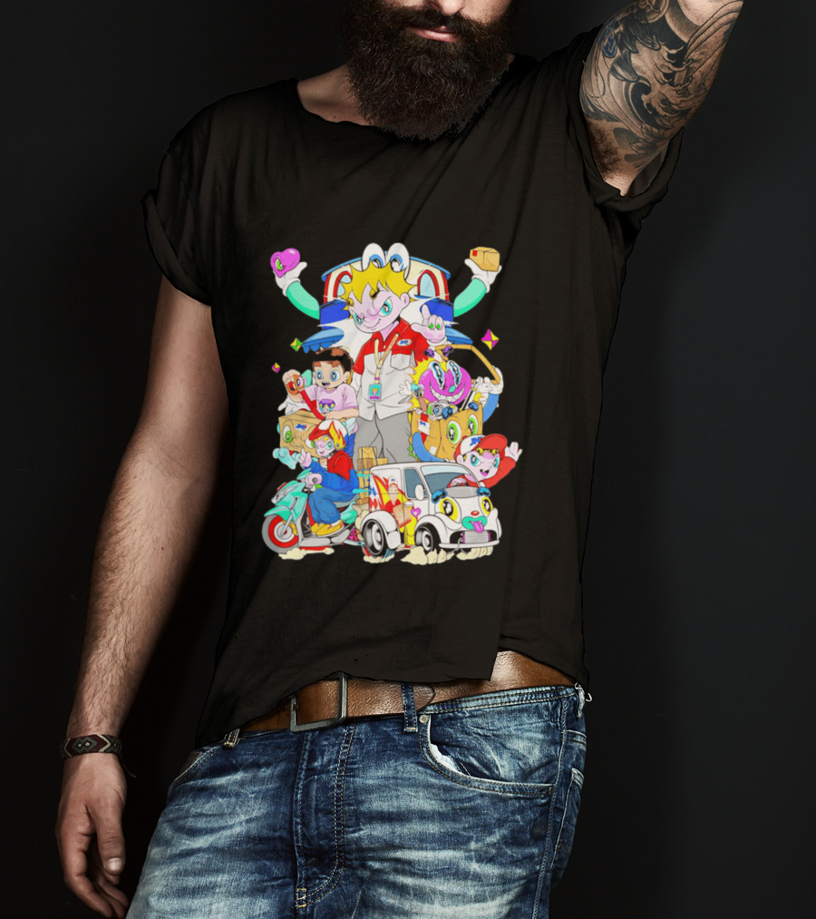 JNE Express Delivery Cartoon Characters And Van Fun Anime T-Shirt