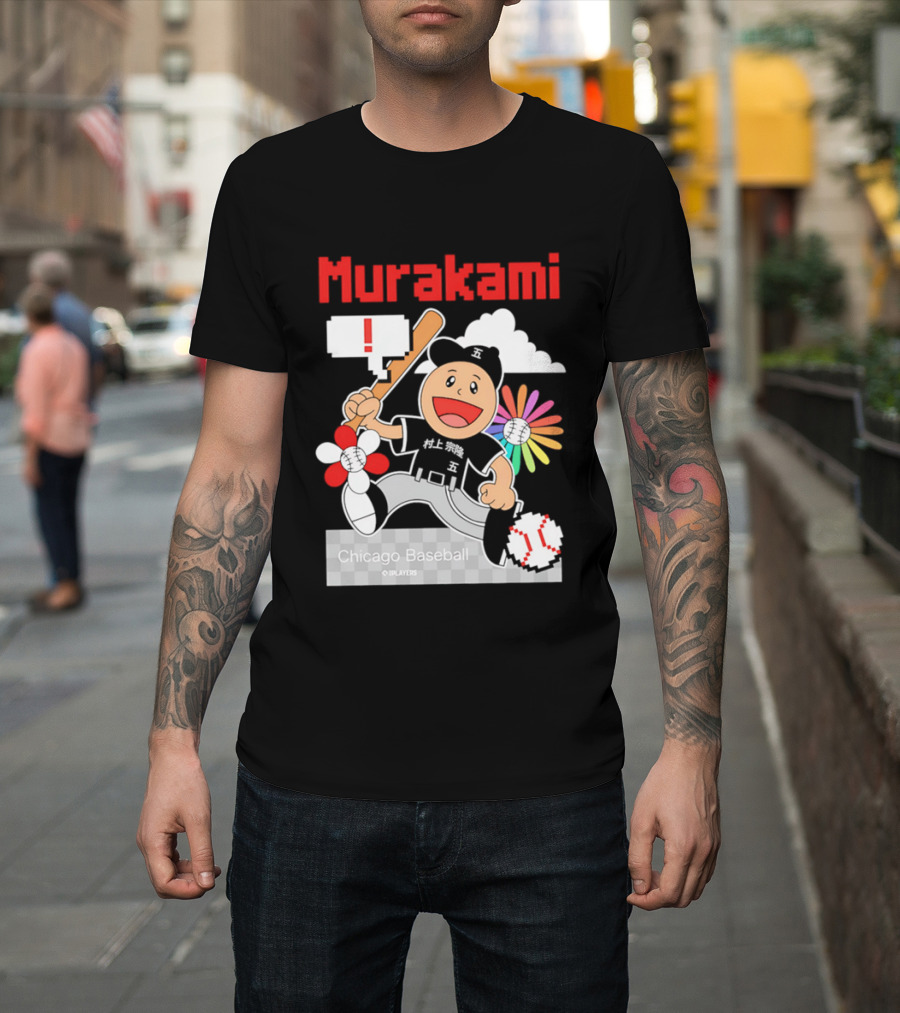 Murakami Chicago Baseball IPlayers Animated Character Flower Motif T-Shirt