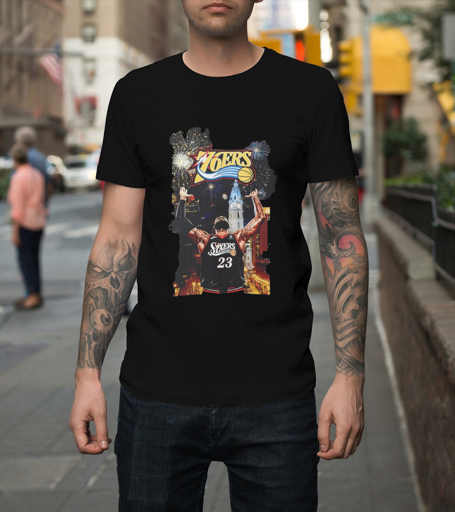 Philadelphia 76ers NBA Basketball 23 Cityscape Fireworks T-Shirt