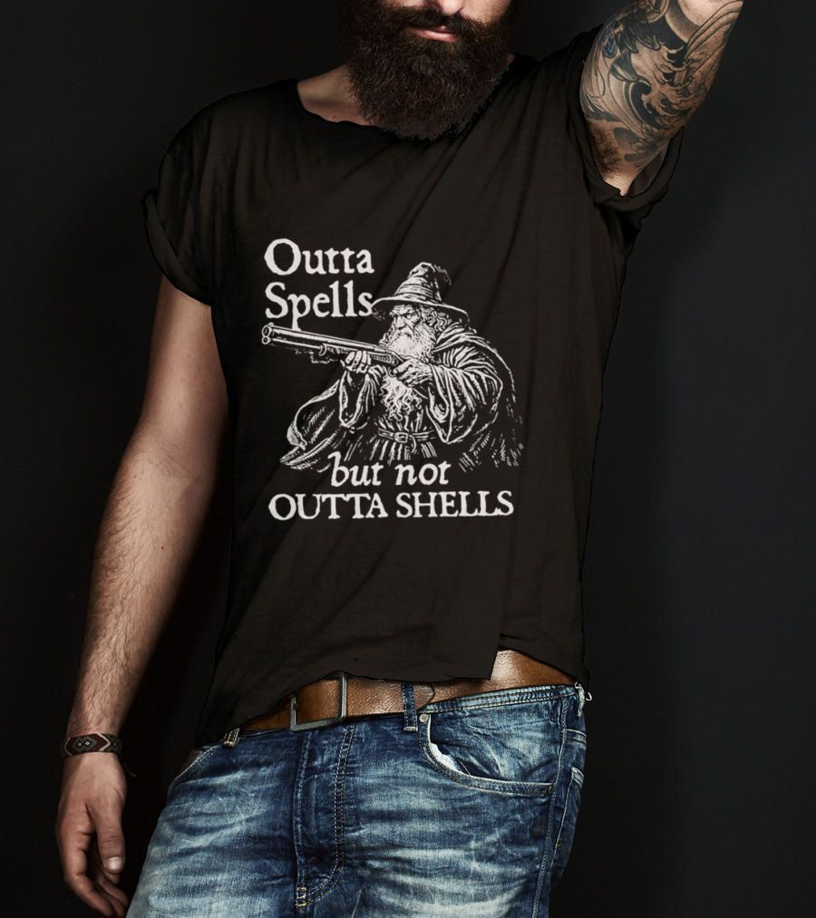 Outta Spells But Not Outta Shells Wizard With Gun Magic T-Shirt