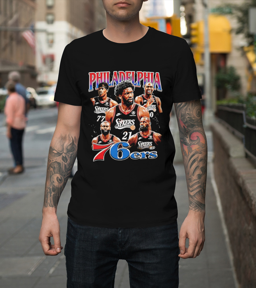 Philadelphia 76ers Embiid LeBron Collage 21 77 T-Shirt