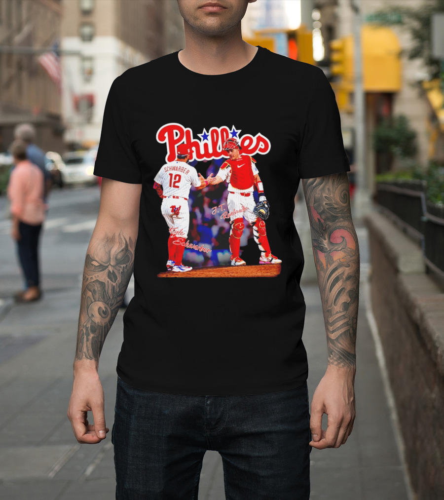 Philadelphia Phillies Kyle Schwarber J Realmuto 12 Catcher Handshake T-Shirt