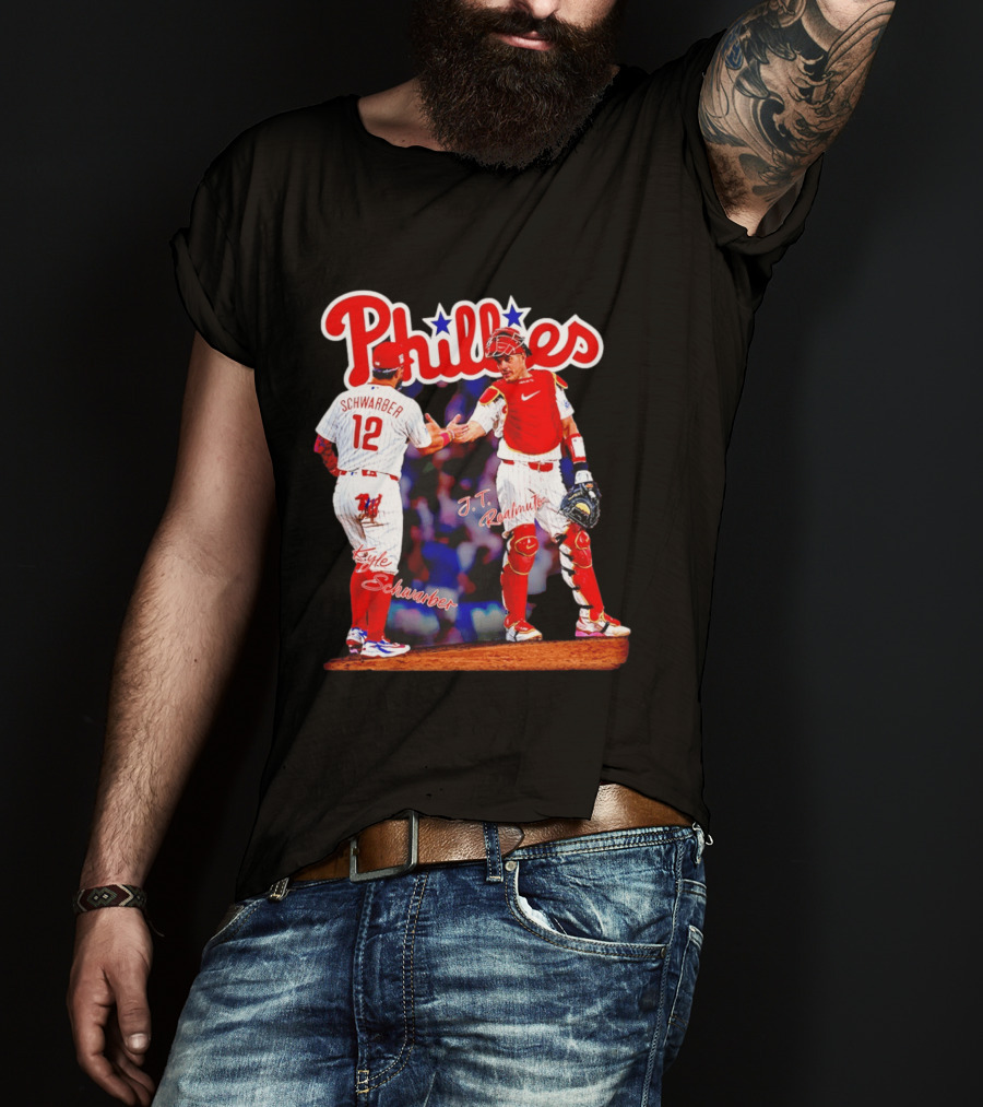 Philadelphia Phillies Kyle Schwarber J Realmuto 12 Catcher Handshake T-Shirt